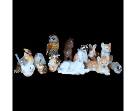 A group of USSR porcelain animals, and a Goebels owl, 16cm, Poole mice, etc