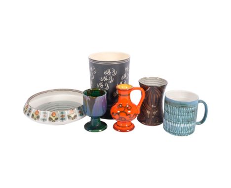 MID-CENTURY POTTERY - a Briglin vase and mug, Langley bowl, Gouda Flora vase, 13.5cm, Pearsons vase, and a Leaper goblet, all