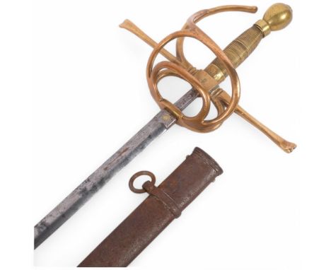 A Spanish brass swept hilt rapier sword, crowned maker's mark on hilt, blade length 73cm, with unrelated metal scabbard