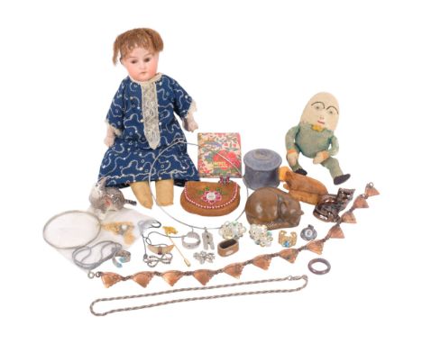 Various collectables, including a Vintage child's porcelain-headed toy doll, Norwegian brass necklace, Liberty double photo f