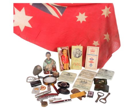Various collectables, including tortoiseshell magnifying glass, Elizabeth II Coronation route map, silver sporting medal, Sou