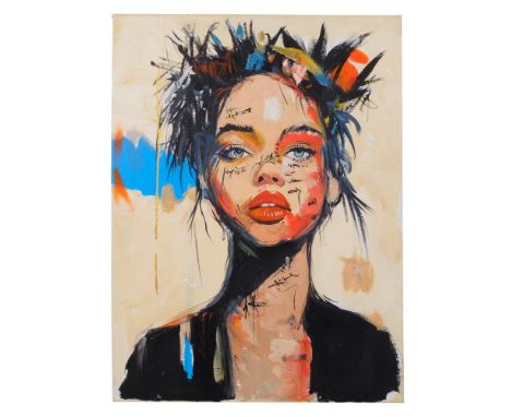 Clive Fredriksson, unframed oil on canvas, portrait of a girl with spikey hair, 60cm x 46cm