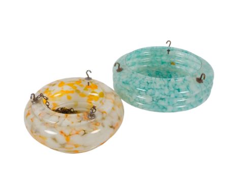 Art Deco blue mottled ceiling light bowl, 30cm across, and a similar orange glass ceiling light bowl with chains