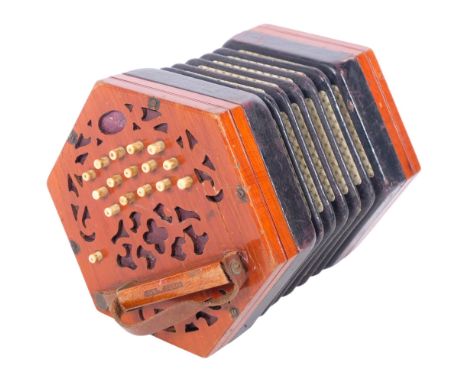 A Victorian concertina with pierced wooden ends, 30 bone buttons, 5 peak decorative bellows and steel reads