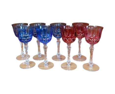 A set of 8 Cristallerie De Montbronn "Cologne" pattern red/blue cased white wine glasses (3 with chips), model R239104, H18.5