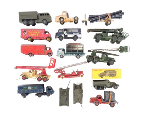 A box of Dinky and Meccano military diecast vehicles, and other lorries and crane