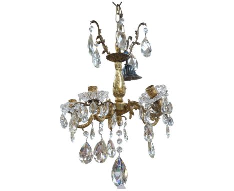 A Vintage cast-brass 5-branch ceiling light fitting, with crystal glass drops, arm length 18cm, overall height approx 95cm
