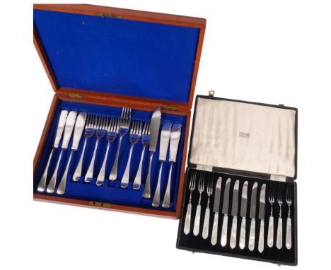 A cased set of mother-of-pearl handled dessert cutlery for 6 people, by Garrard &amp; Co Ltd, and another cased set of silver