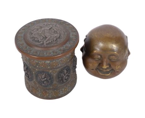 A Burmese silver and brass inlaid copper betel nut box, H9cm, and a Chinese patinated bronze 4-headed Buddha figure, with 4 c