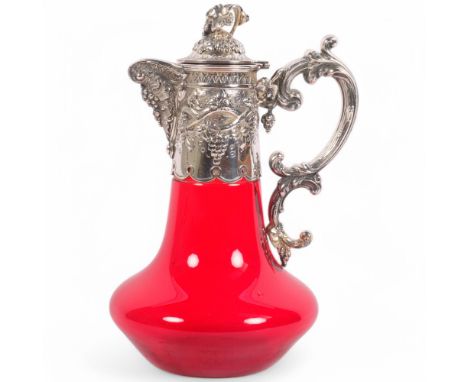 A 19th century silver plate mounted ruby glass Fruiting Vine pattern Claret jug, 26cmNo damage or restoration