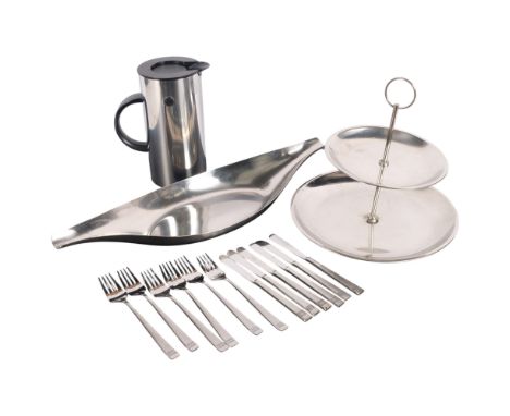 Eric Magnussen for Stelton, Denmark, a stainless steel vacuum jug, a Stelton cake stand, H24cm, a mid-century Danish style st