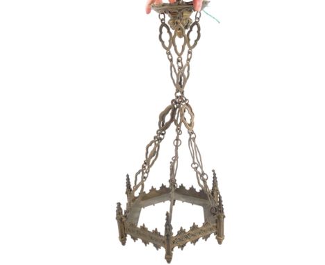 A Victorian Gothic brass hexagonal ceiling lantern mount, diameter 26cm