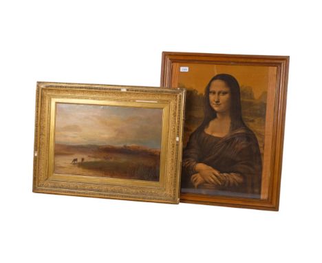 A 19th century oil on canvas Highland cattle, signed and dated 1881, framed, overall 55cm x 73cm, and a mid-century  print on