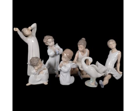 2 NAO ballet dancer figures, and 5 Lladro figures, including boy yawning, 22cm