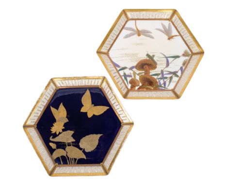 2 Royal Worcester Aesthetic Movement plates, hexagonal form with hand painted and gilded butterfly and dragonfly decoration, 