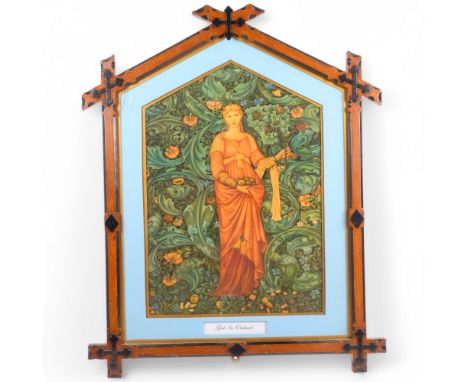 A Victorian Gothic ebonised oak Pugin style picture frame, containing coloured print of girl in orchard, frame overall 81.5cm