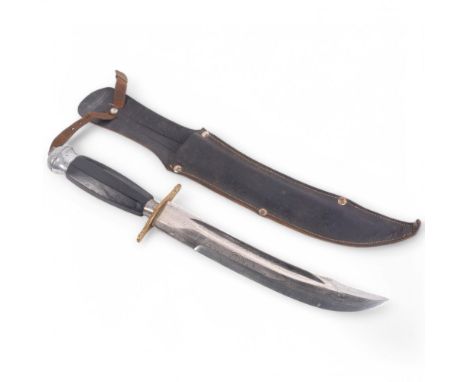 A Vintage ebony-handled hunting knife, marked Punesteel, blade length 20.5cm, in leather sheath