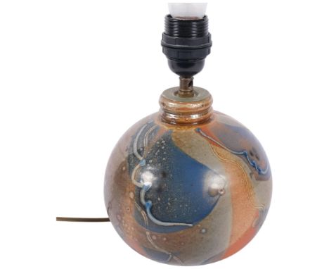 A stoneware lamp of globular form, with incised and painted lustre abstract decoration, indistinct stamp to base, height to t