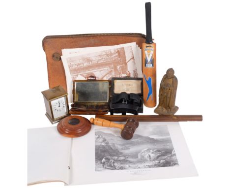 A spelter knight figure lighter, 18.5cm, a tortoiseshell-effect compact, gavel and stand, brass clock, prints of Sark, and ot