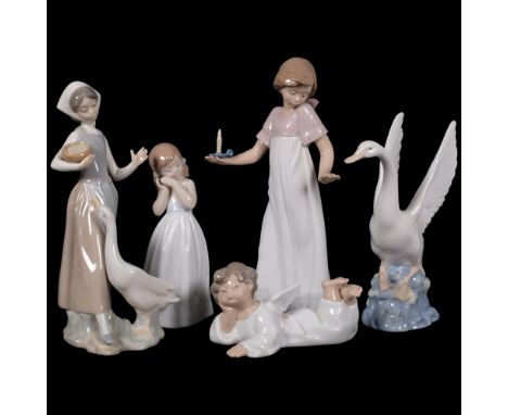 3 Lladro figures, girl and duck, 24cm, small girl, and cherub, and 2 NAO figures