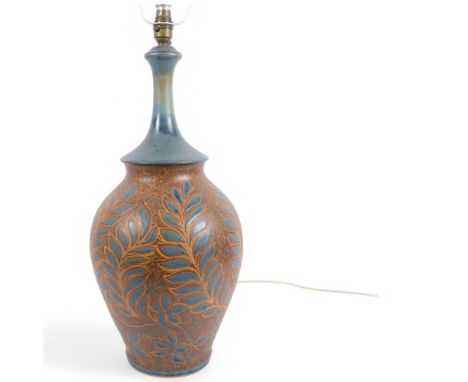 A mid-century polychrome glaze studio pottery leaf table lamp, unsigned, height excluding fitting 54cm