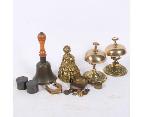 2 Antique brass desk bells, a bell with turned wood handle, 18.5cm, a door knocker, etc