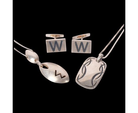 Various Danish modernist sterling silver jewellery, comprising pendant necklace and cufflinks by Christian Bastiansen, and pe