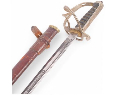 A Royal Artillery Officer's sword, with shagreen and wirework grip, etched blade, blade length 86cm, with original leather-co