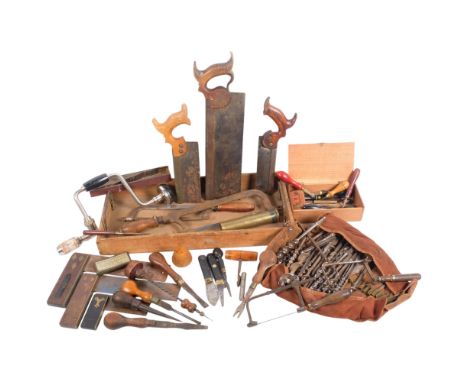 A quantity of Antique woodworking tools, including Williams Marples &amp; Sons Ltd saw, hand drill, chisels, etc