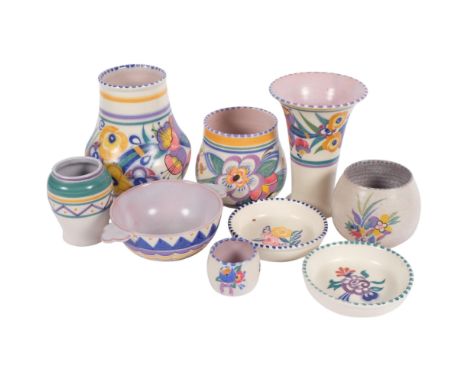 A Poole Pottery vase by Myrtle Bond, H15cm, smaller vases, egg cup and dishes