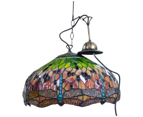 A large Tiffany style stained glass leadlight 'Dragonfly' ceiling light fitting, diameter 53cm