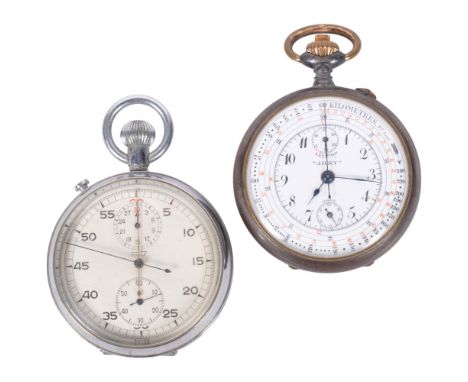 A Swiss gunmetal open-face keyless chronograph pocket watch, by Just, not currently working, and a Tissot chrome plated stopw