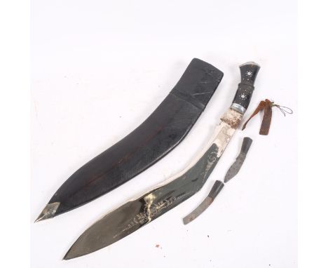 A large Malaysian horn-handled kukri knife, blade length 44cm, in leather-covered scabbard and 2 smaller knives (3).