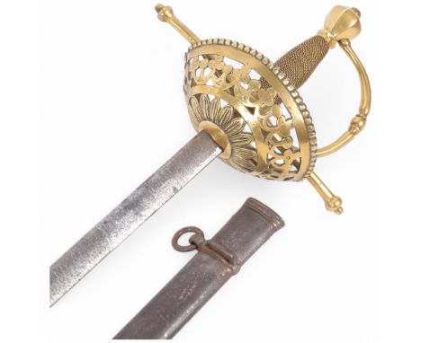 A Spanish brass cup hilt rapier sword, blade length 82cm, with unrelated metal scabbard