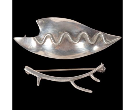 2 Danish modernist sterling silver abstract brooches, makers include Jens Tage Hansen and Knud Boye, largest 60.4mm, 12g tota