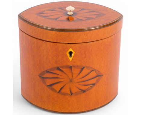 An Antique George III Sheritan Revival satinwood navette tea caddy, with marquise paterae inlay and internal lid, H12.5cm - C