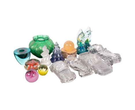 A group of paperweights, a Loetz style vase, 11cm, and 4 moulded glass model cars