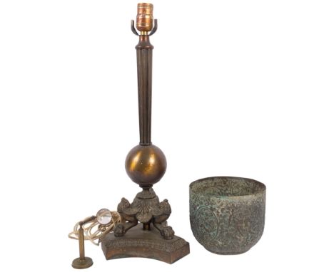 An Indian verdigris copper pot with embossed lions and figures, H13.5cm, an Antique brass table lamp on tripod base, and a sm