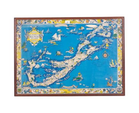 A 1930s framed map print of Bermuda, by Elizabeth Shurtleff and Helen F McMillin, 65cm x 89cm
