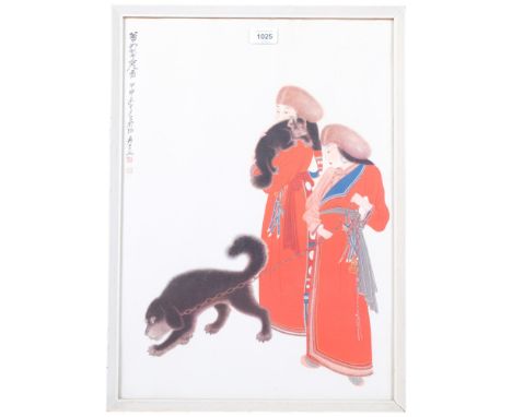 A Chinese print of couple with dogs, 53cm x 37cm, framed