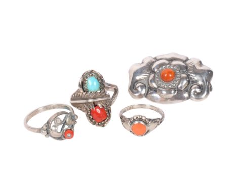 A group of Continental silver stone set jewellery, including Native American Navajo turquoise ring, size M, Art Nouveau Danis