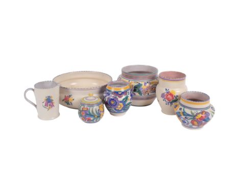 A group of Carter Stabler &amp; Adams Poole Pottery bowls, vases and jug with painted bird and floral designs, tallest 14.5cm