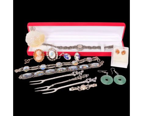 Various silver and jewellery, including German enamel novelty souvenir bracelet, pair of jade bi disc drop earrings, mother-o