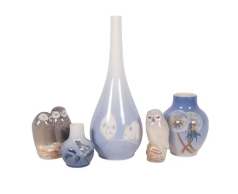A group of 5 Royal Copenhagen ceramics, including a pair of owls, H8.5cm, and a vase with mouse design