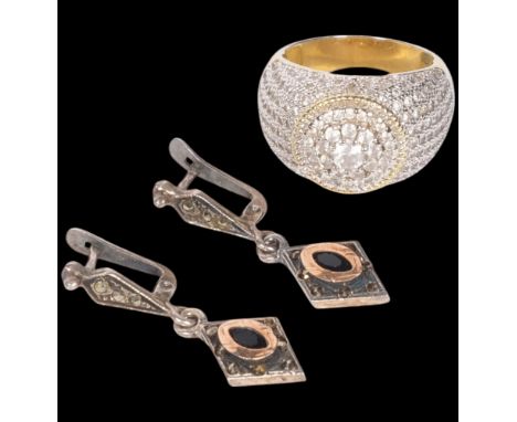 A sterling silver-gilt cubic zirconia cluster ring, size L, and a pair of silver marcasite drop earrings, 31.3mm, 11.7g total