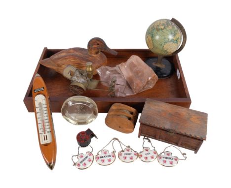 A carved wood duck, L26cm, Vintage globe, box, decanter labels, etc