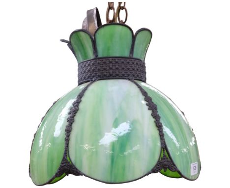 A Vintage hexagonal green glass ceiling light, with embossed metal mounts, 33cm across
