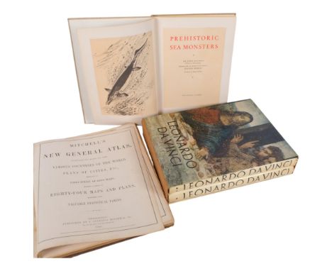 Leonardo Da Vinci, 2 volumes boxed, together with pre-historic sea monsters, by J Augusta, and an atlas