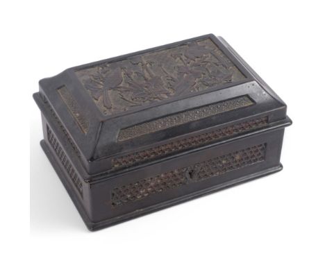 A Japanese black lacquered wood tobacco box, with bird and lotus lid, 18cm x 12cm