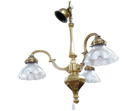 A good quality polished brass 3-branch chandelier, with fluted glass shades, 54cm across